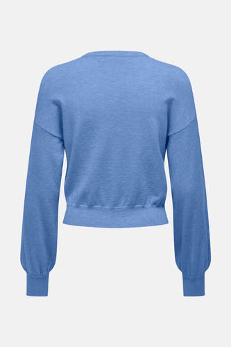 Pullover bleu avec col rond de la marque ONLY, avec manches bouffantes longues et une bordure en côtes.
