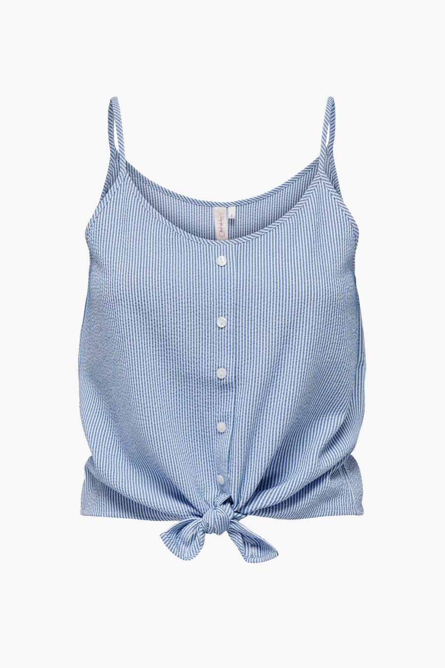 Blauw-wit gestreepte top met knoopdetail.
