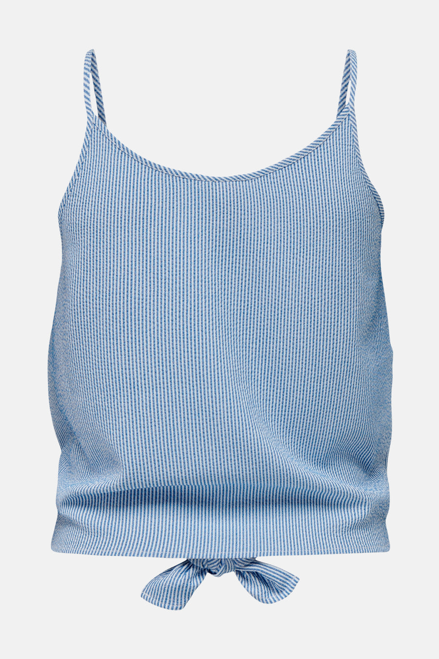 Blauw gestreept topje met spaghettibandjes en knoopdetail.
