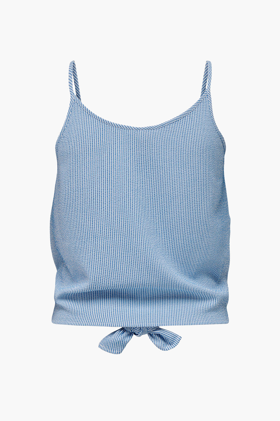 Blauw-wit gestreepte top met knoopdetail.
