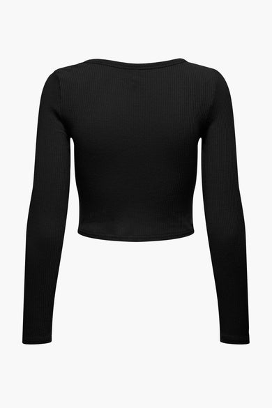 T-shirt noir à manches longues de ONLY, avec un col en côtes, sur un fond blanc.