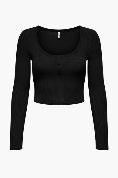T-shirt noir à manches longues de ONLY, avec une texture côtelée et un col boutonné.