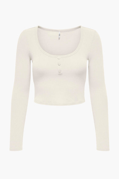 T-shirt beige à longues manches de ONLY, avec une texture côtelée et des détails de boutons.