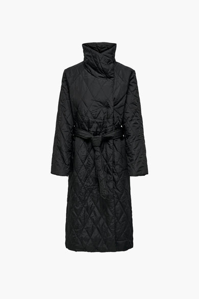 Trench-coat matelassé noir de JDY avec col montant et ceinture, vue de face