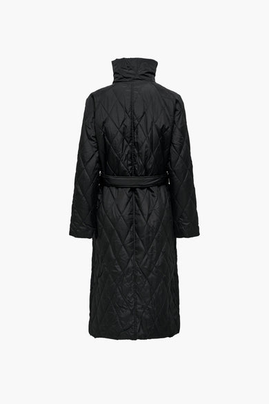 Trench-coat matelassé noir de JDY, avec ceinture et col montant, vue de dos