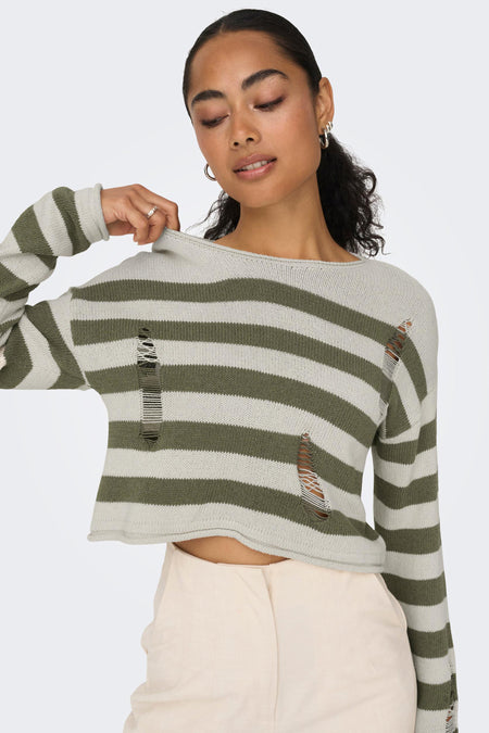 Sweat-shirt multicolore ONLY, avec un motif à rayures et des trous décoratifs.