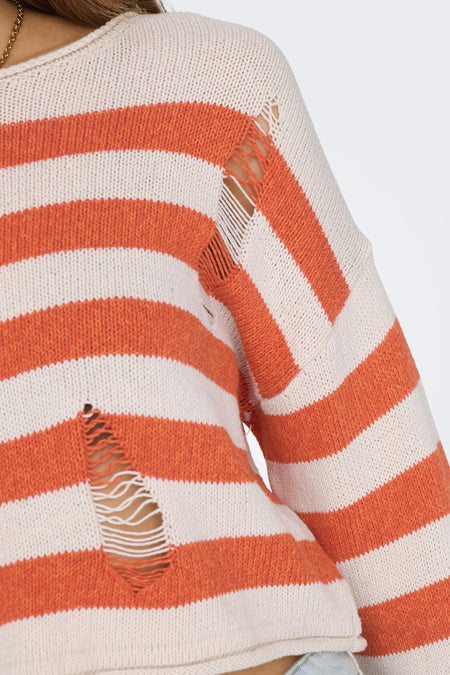 Sweat-shirt multicolore à col rond de ONLY, avec des rayures orange et blanches et des détails côtelés.
