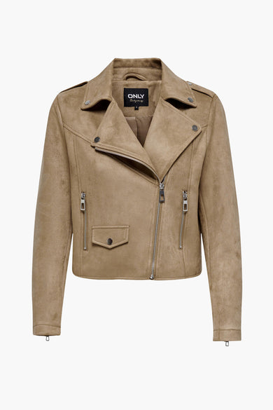 Manteau court beige ONLY avec une fermeture éclair asymétrique et des détails argentés.