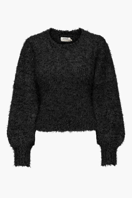 Sweat-shirt noir ONLY, avec des manches longues et une texture velue.