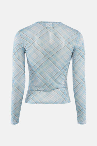 T-shirt bleu à manches longues de JDY, avec un motif à carreaux en bleu, blanc et lignes noires.