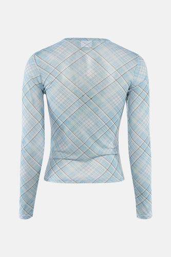 T-shirt bleu à manches longues de JDY, avec un motif à carreaux en bleu, blanc et lignes noires.