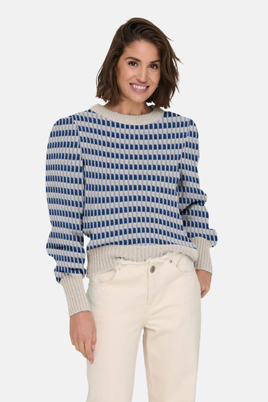 T-shirt bleu avec col rond de JDY, doté d'un motif géométrique et de manches longues.