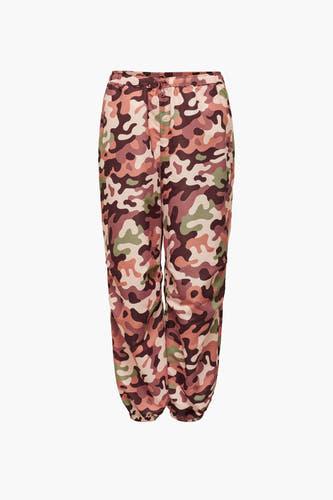 Pantalon camouflage de NEON & NYLON, avec imprimé camouflage brun, vert et beige, et ceinture élastique.