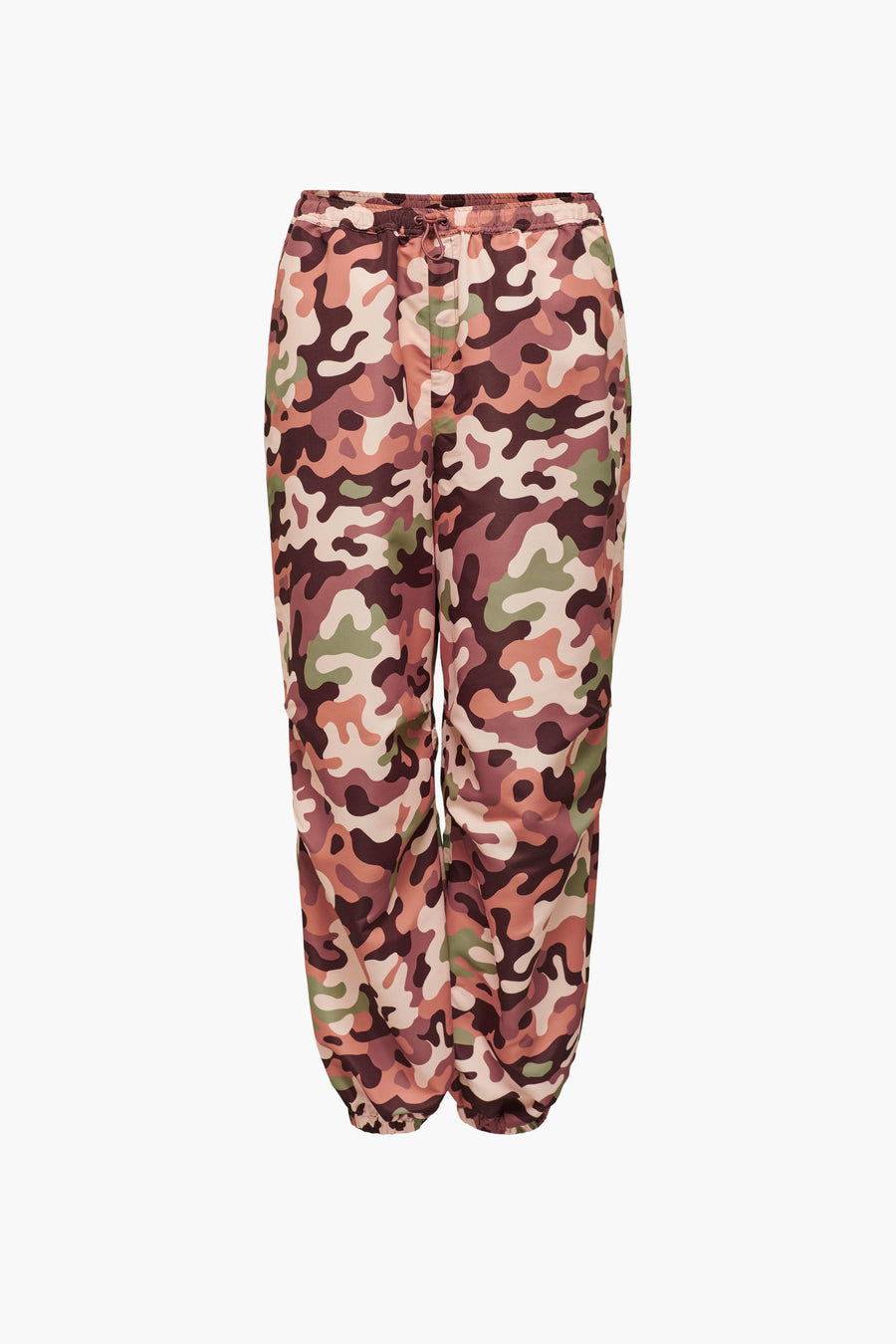 Pantalon camouflage de NEON & NYLON, avec imprimé camouflage brun, vert et beige, et ceinture élastique.