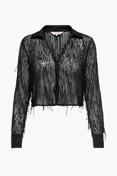 Chemise transparente noire à manches longues de ONLY®, ornée de paillettes verticales et de franges, vue de face