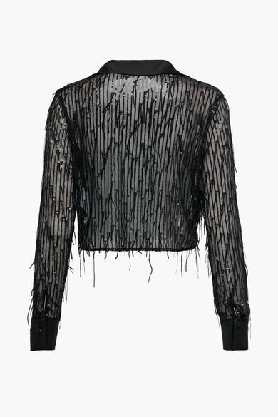 Chemise noire transparente à manches longues de ONLY® avec strass, franges et dos structuré, vue de dos