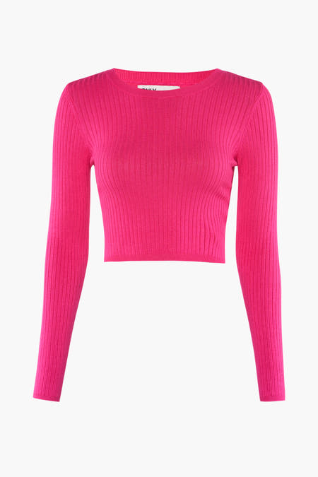 T-shirt rose avec col rond de ONLY, avec des manches longues et une texture côtelée.