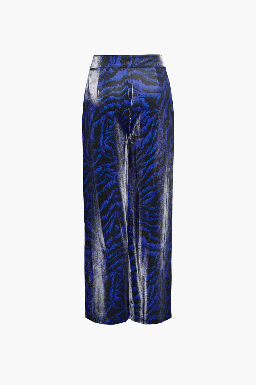 Pantalon de costume bleu d'ONLY, avec un motif de feuilles frappant en bleu foncé et noir.