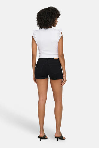 T-shirt blanc à manches courtes ONLY®, avec broderie et volants aux manches, vu de dos.