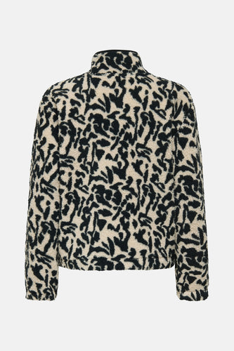 Zwart-beige teddy jas met panterprint.