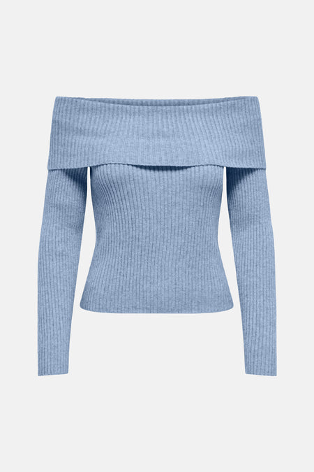 Blauwe offshoulder trui van ONLY, met een fijngebreide ribtextuur en lange mouwen.