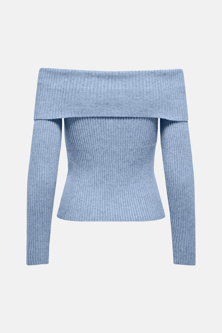Blauwe offshoulder trui van ONLY, met een ribgebreide textuur en lange mouwen.