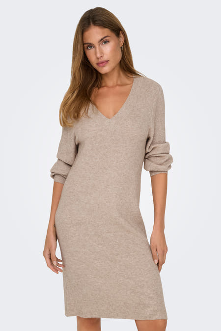 Manteau beige à longues manches de ONLY, avec un col V et une texture rayée.