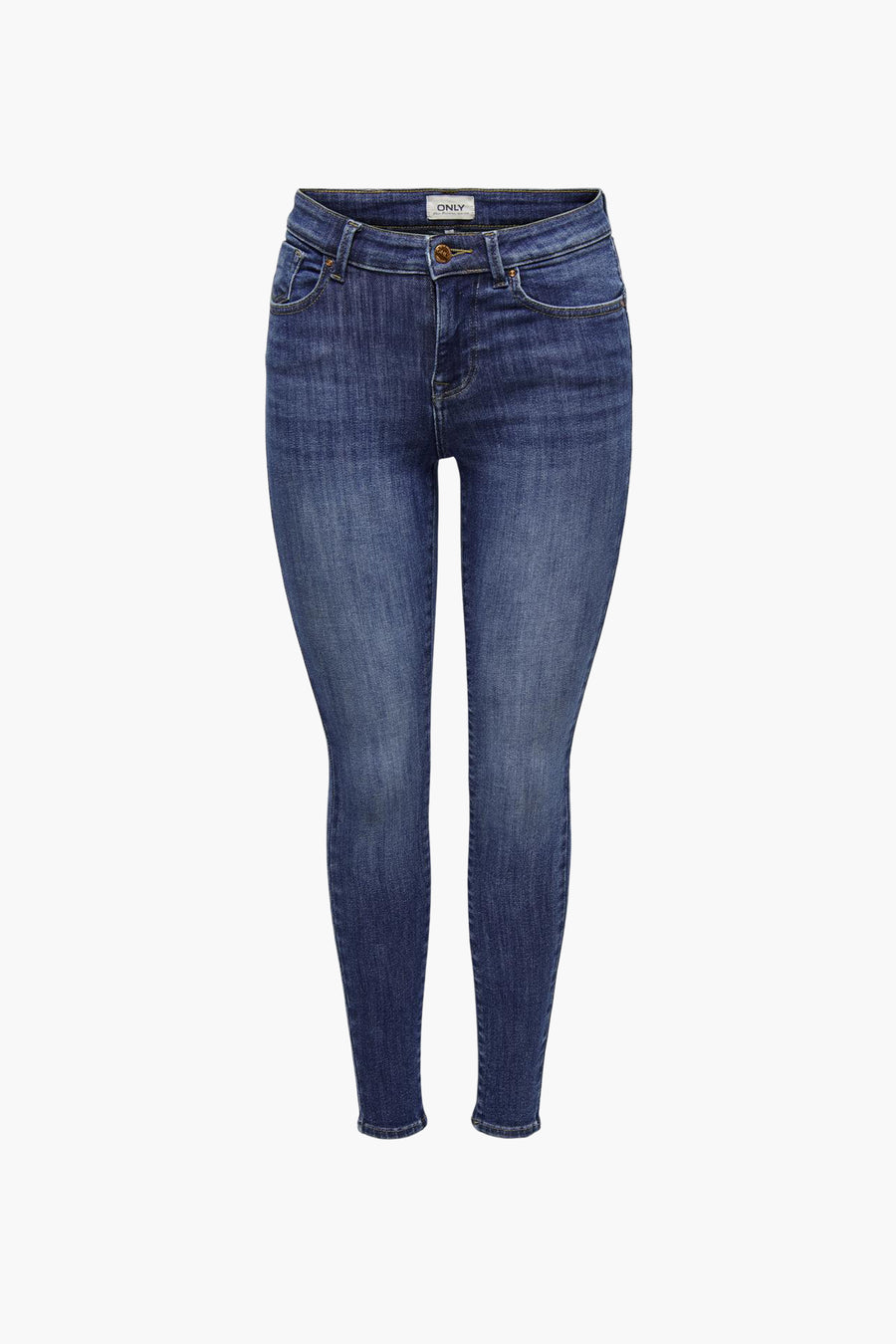 Jean skinny bleu foncé de ONLY avec fermeture à boutons et poches, présenté de face.