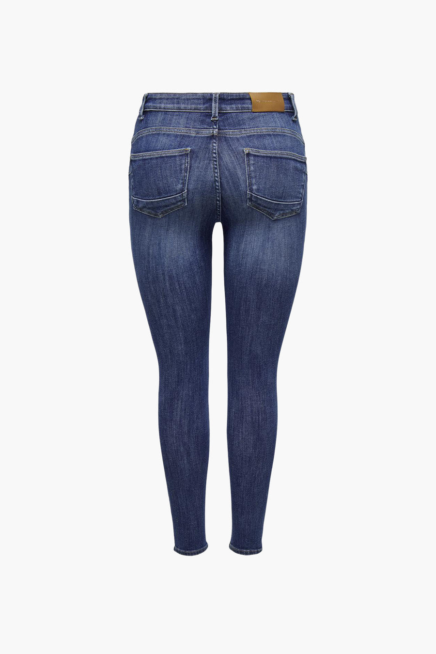 Jean skinny bleu foncé ONLY®, dos, avec deux poches arrière et étiquette en cuir marron.