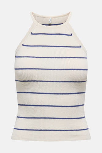 T-shirt sans manches blanc ONLY, avec des rayures horizontales bleues.