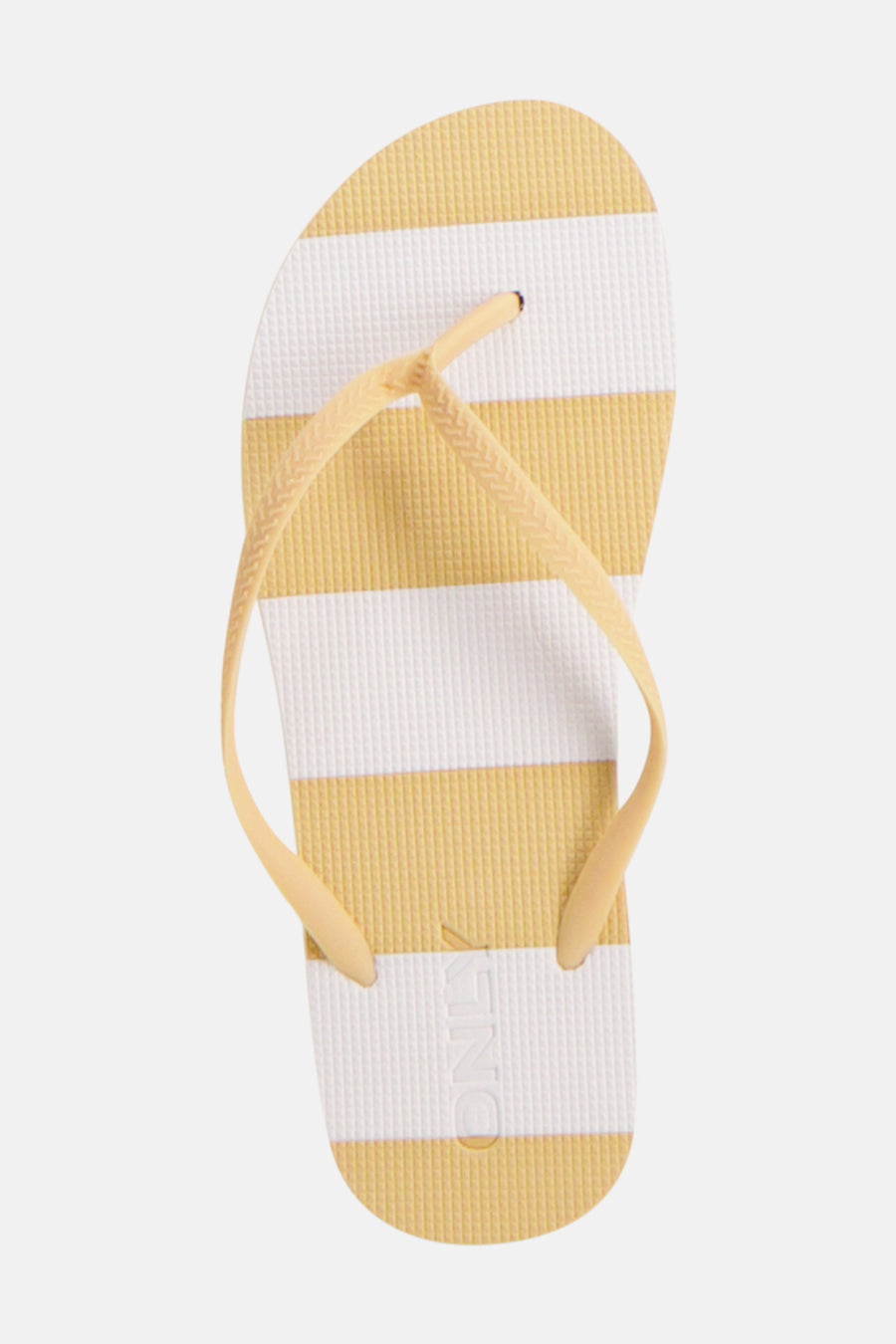 Tongs jaunes et blancs à rayures de ONLY avec semelle côtelée, vue de dessus.