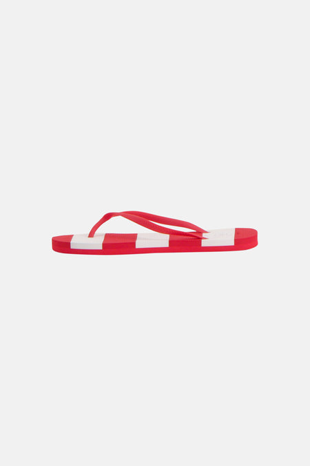 Rood-wit gestreepte slippers van ONLY® met rode bandjes, van opzij gezien.