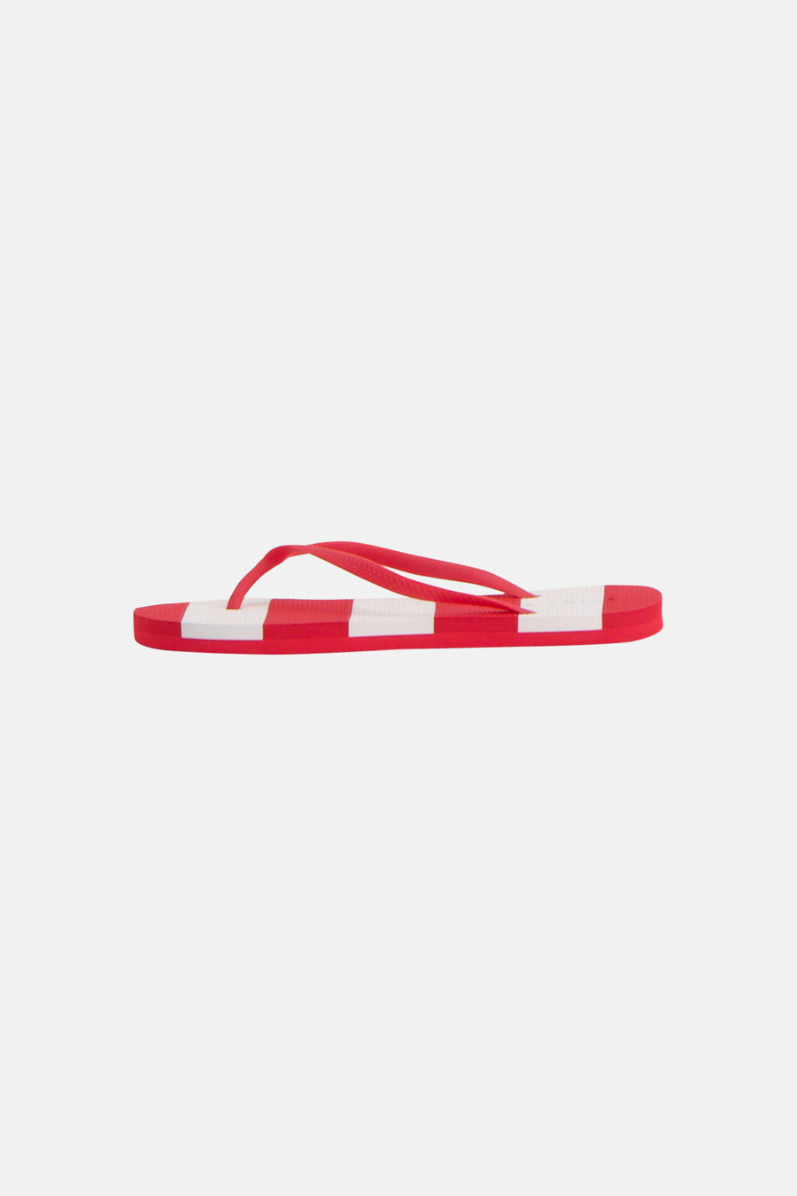 Rood-wit gestreepte slippers van ONLY® met rode bandjes, van opzij gezien.