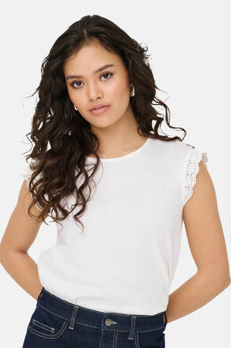 T-shirt blanc à manches courtes de JDY avec une bordure en dentelle délicate le long des épaules.