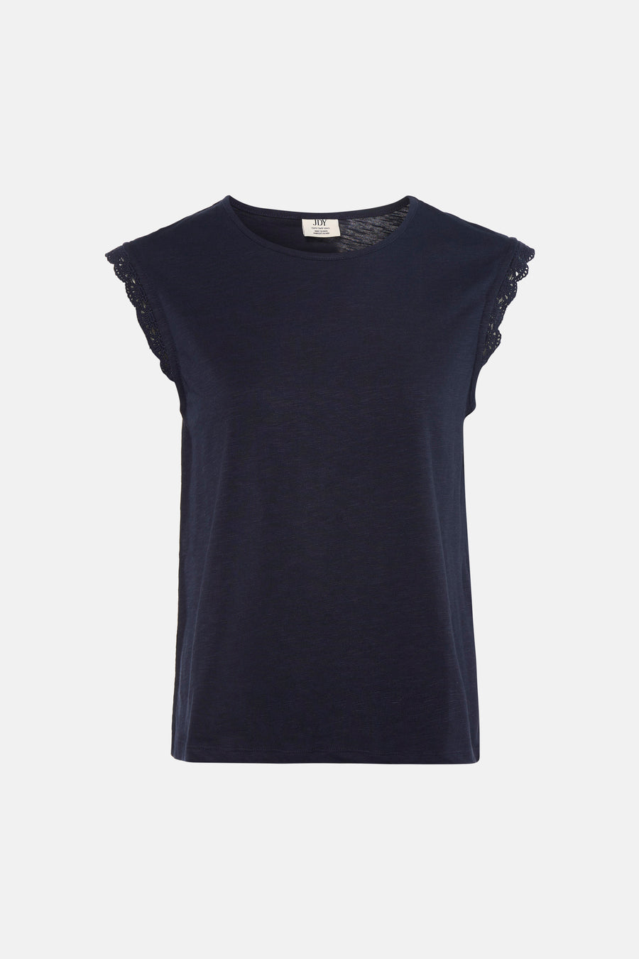 T-shirt bleu à manches courtes de JDY, avec col rond et détails en dentelle sur les manches.