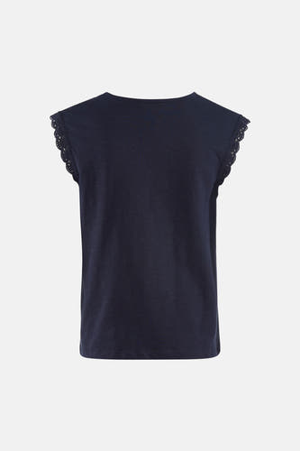 T-shirt bleu à manches courtes de JDY avec détails en dentelle et encolure ronde au dos.