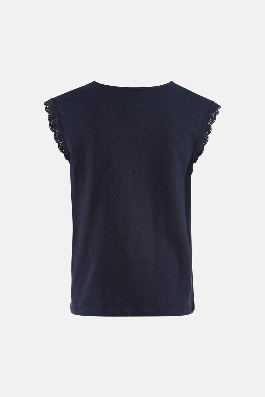 T-shirt bleu à manches courtes de JDY avec détails en dentelle et encolure ronde au dos.