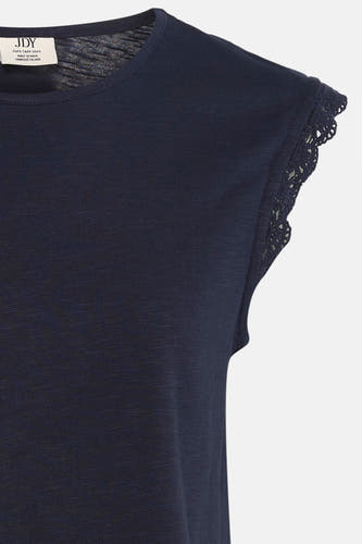T-shirt bleu à manches courtes de JDY, avec col rond, tissu chiné et bords de manches au crochet.