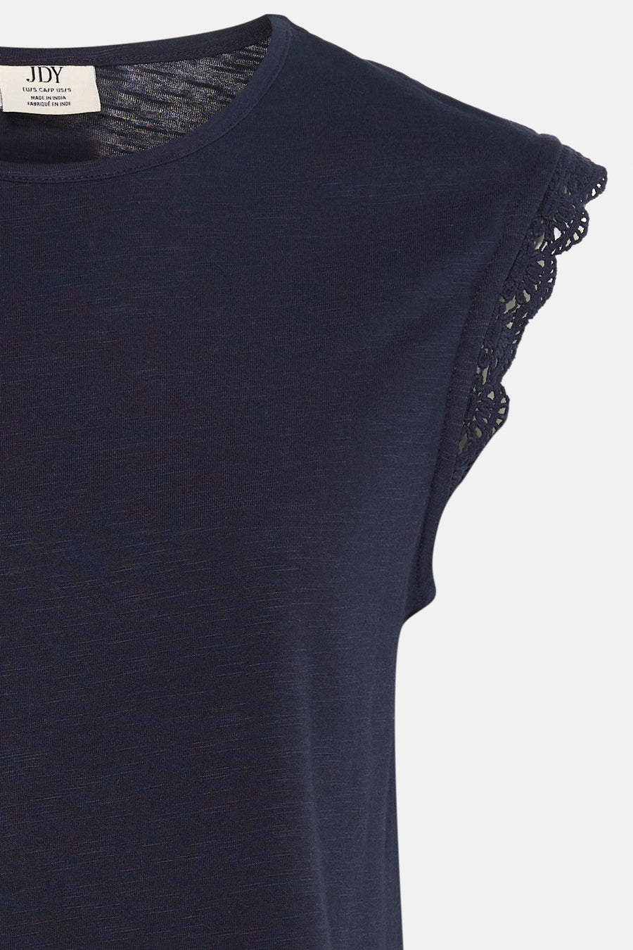 T-shirt bleu à manches courtes de JDY, avec col rond, tissu chiné et bords de manches au crochet.
