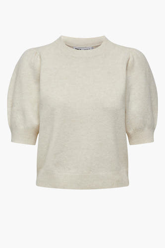 T-shirt blanc avec col rond de ONLY, avec des manches bouffantes et des détails côtelés.