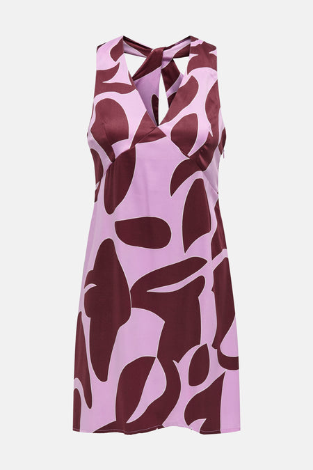 Robe sans manches ONLY, avec un motif abstrait bordeaux et un collier noué.