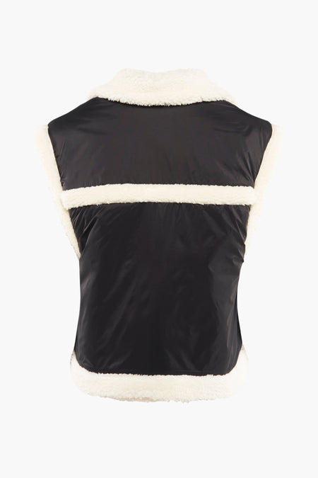 Doudoune sans manches noire de NEON & NYLON, dos avec finition en fausse fourrure blanche et bande horizontale