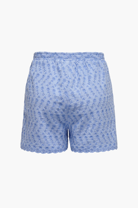 Blauwe short van ONLY met elastische tailleband en kanten zoom, bloempatroon.