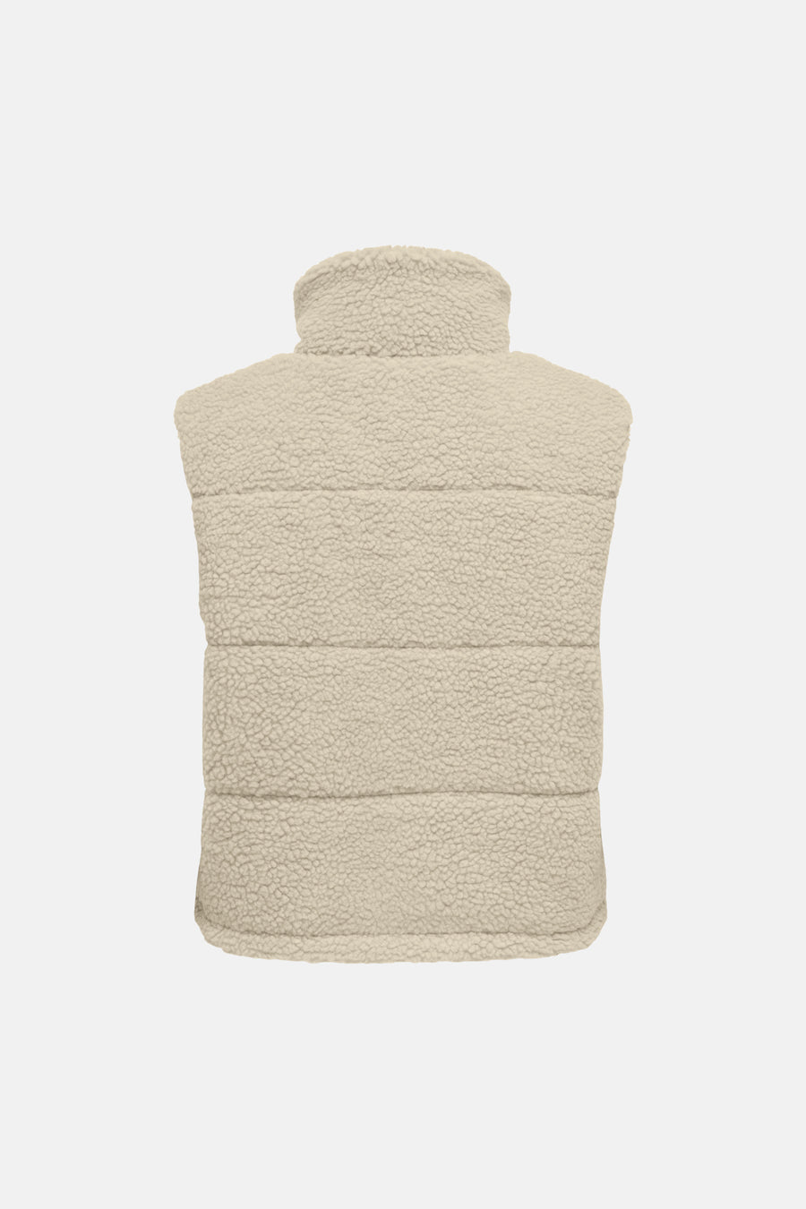 Doudoune sans manches gris clair en peau de mouton, de la marque ONLY®, avec col montant et panneaux rembourrés, vue de dos