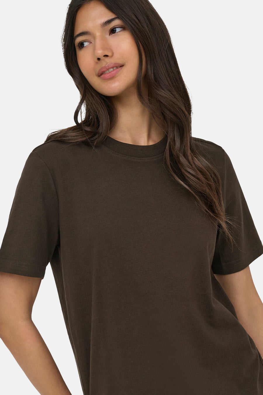 T-shirt marron à col rond de ONLY® porté par un mannequin aux longs cheveux foncés.