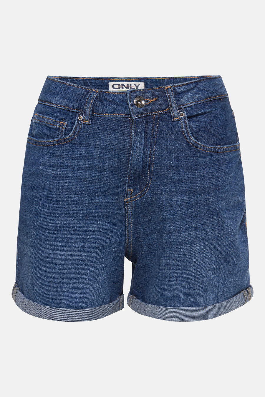 Mid blue denim short van ONLY, met omgeslagen pijpen.
