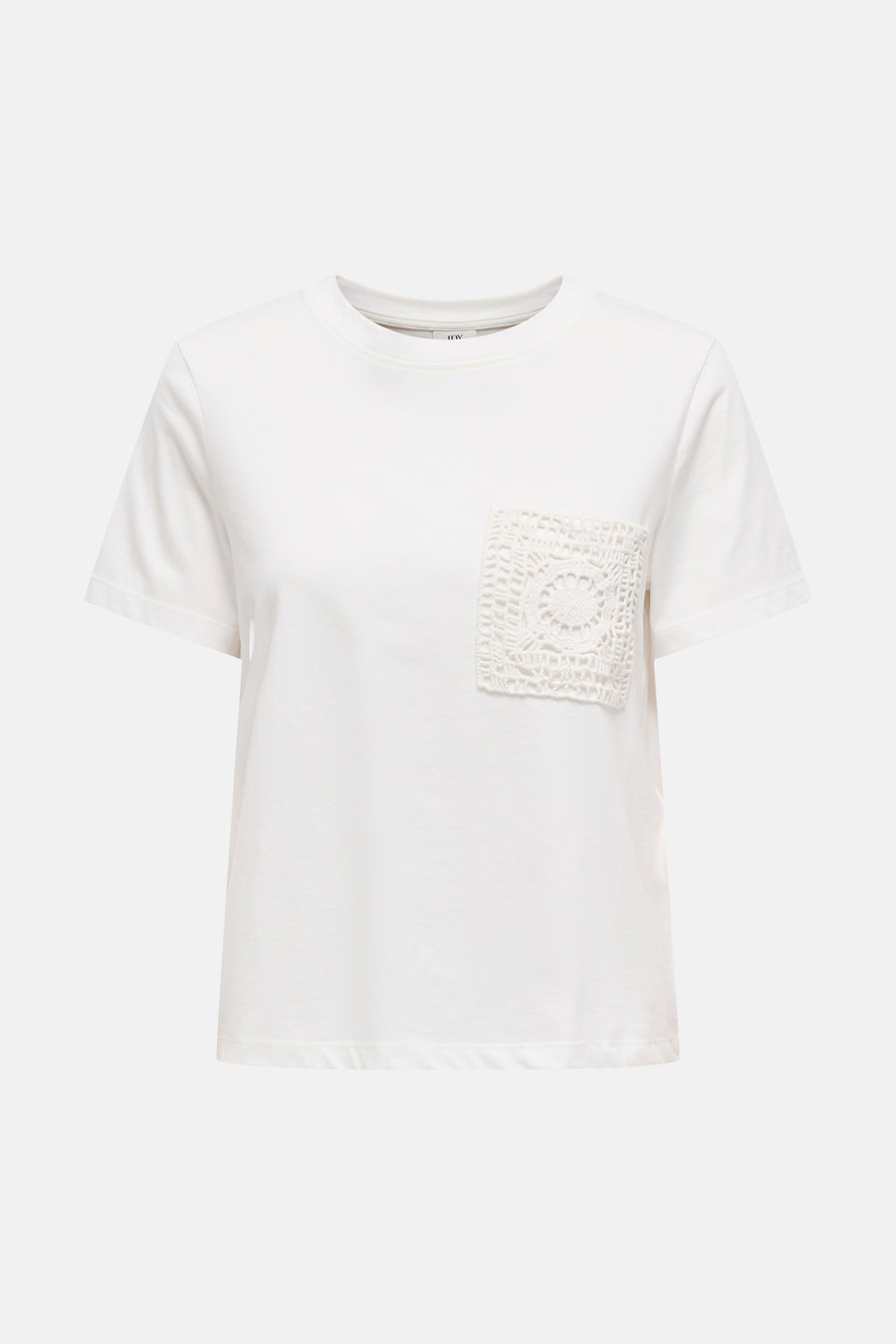Witte korte mouw t-shirt van JDY met geborduurd kantzakje op borst, ronde hals, front view