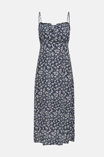 Tunique bleue sans manches d'ONLY, avec un fin motif de fleurs blanches.