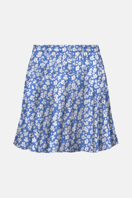 Jupe courte bleue de ONLY® avec une impression de fleurs blanches et une ceinture élastique.