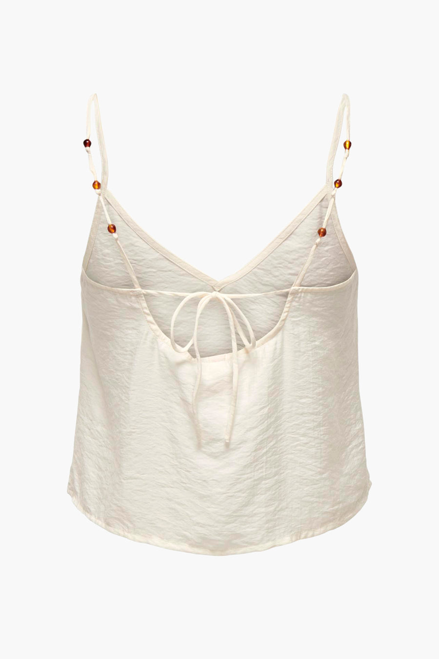Ivoorwit satijnen top met kraalbandjes en striksluiting.